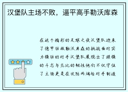 汉堡队主场不败，逼平高手勒沃库森